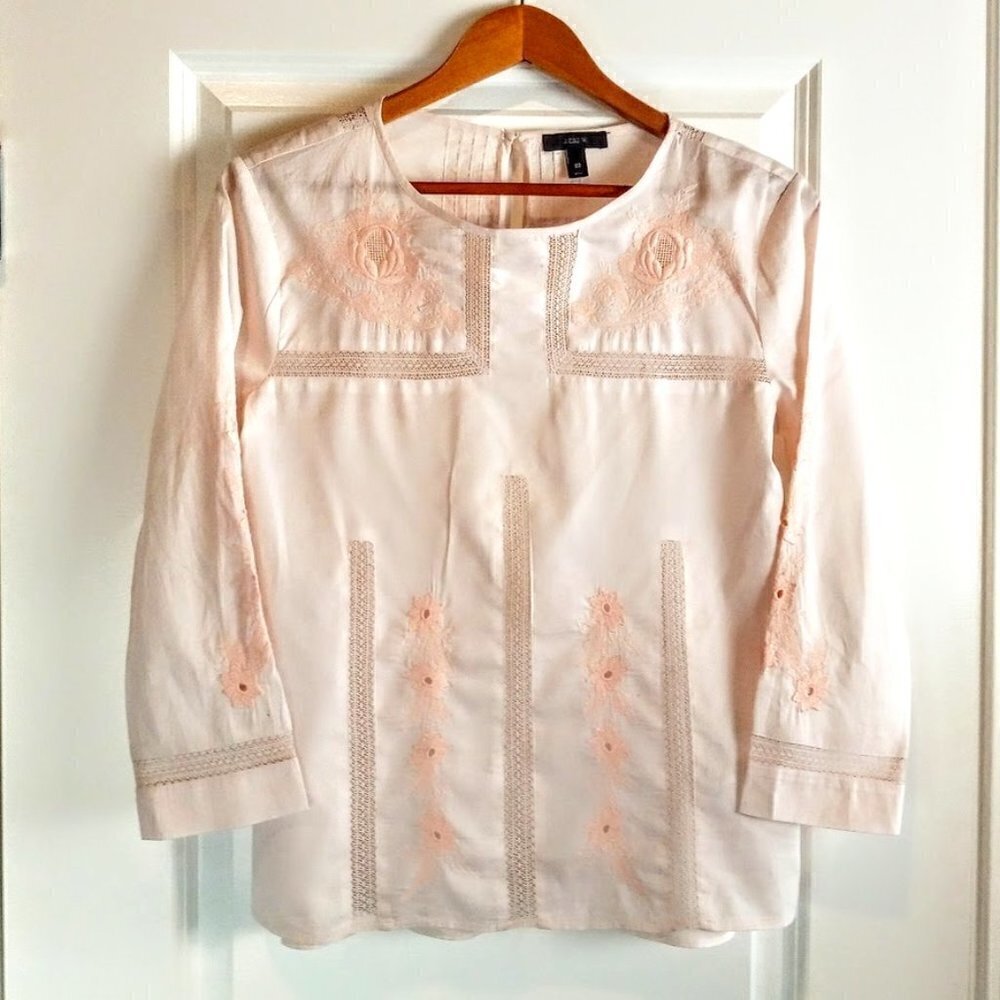 J. Crew Blush Pink Floral Embroidered Crochet Cotton Top